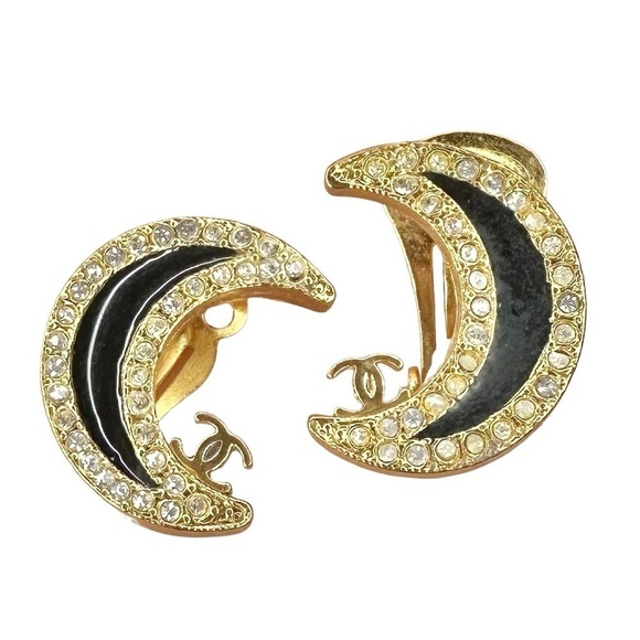 RARE Authentic CHANEL Gold & Black Crystal Crescent Moon CC Clip On Earrings - Picture 6 of 16
